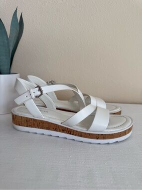 Marc Fisher Goget White Cork-Platform Strappy Sandals